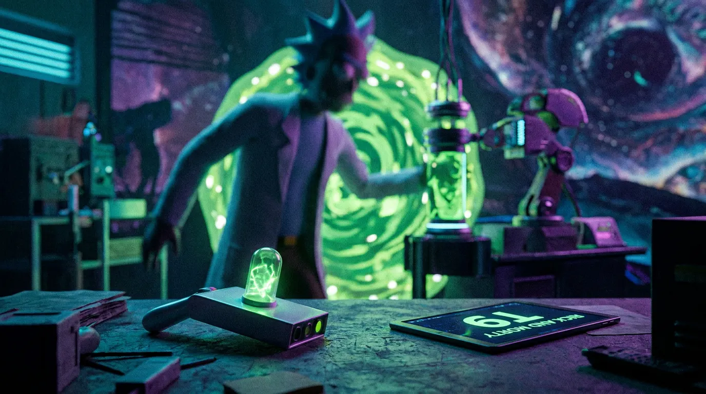 Rick Sanchez e Morty Smith em frente a um portal interdimensional verde — abertura da 9ª temporada de Rick and Morty na HBO Max