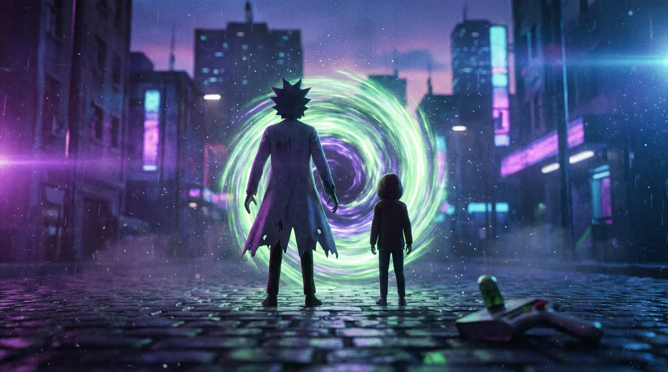 Rick Sanchez e Morty Smith em frente a um portal interdimensional — 9ª temporada de Rick and Morty no Max