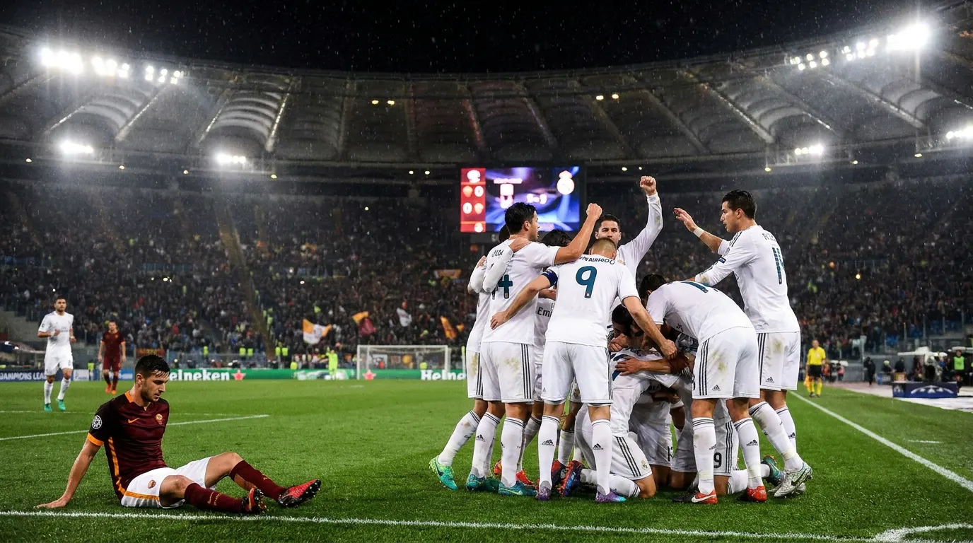 Rüdiger celebra gol da virada do Real Madrid sobre a Roma no Stadio Olimpico pela Champions League 2026