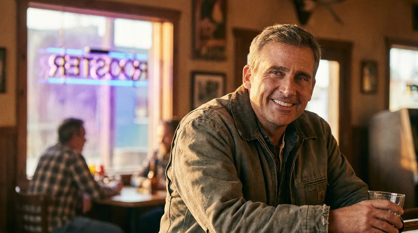 Steve Carell como Greg Russo no campus da Faculdade Ludlow em Rooster, série de comédia da HBO Max 2026
