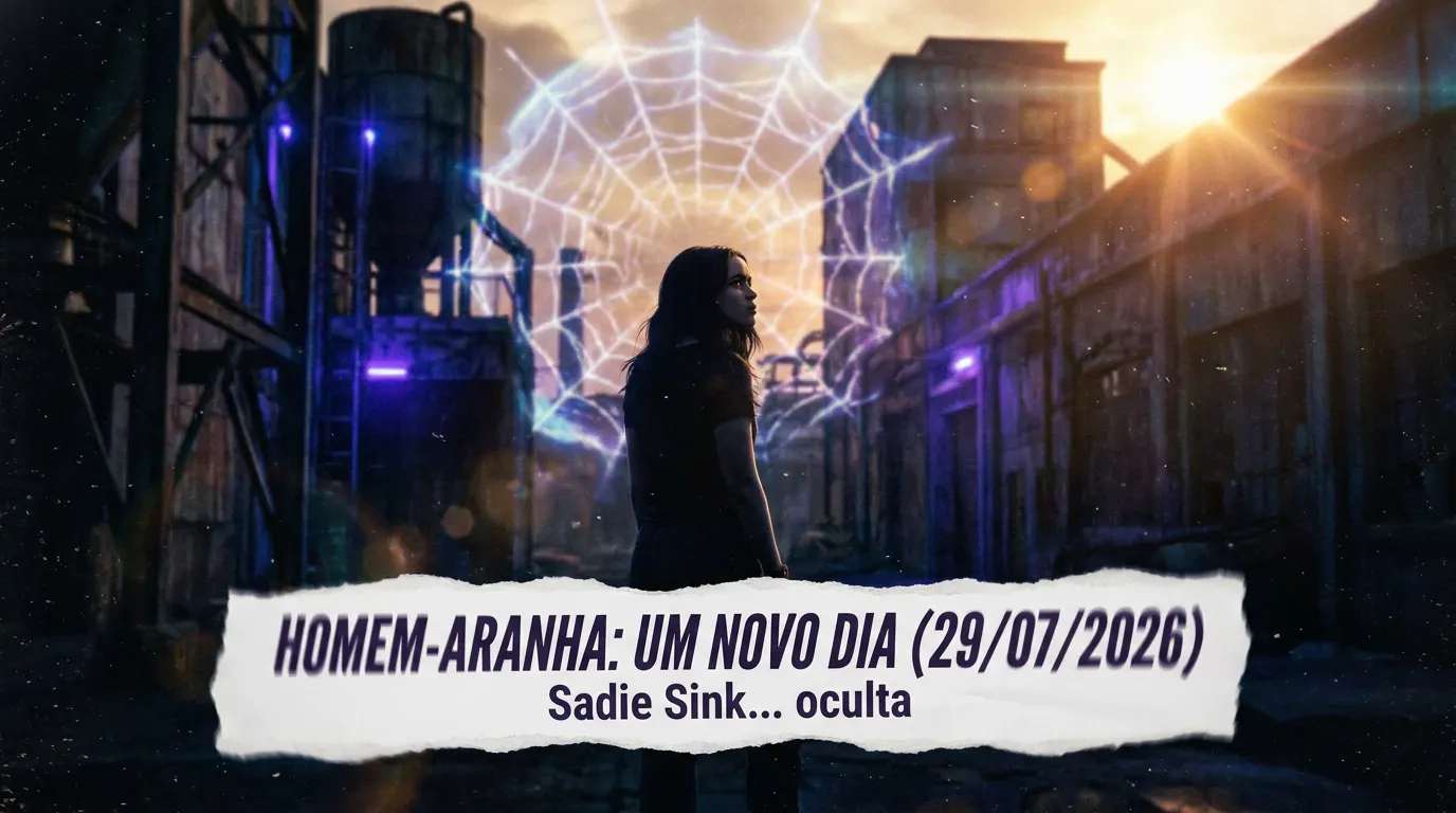 Sadie Sink como personagem misteriosa com capuz em Nova York chuvosa, energia mental nas mãos, com Tom Holland como Homem-Aranha ao fundo em Homem-Aranha Um Novo Dia