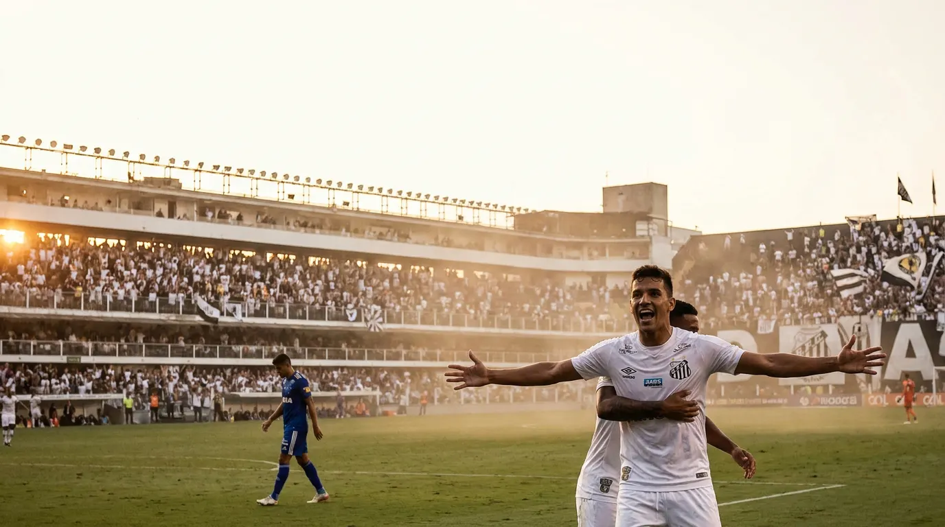 Rollheiser celebra gol com a camisa do Santos na Vila Belmiro pelo Brasileirão 2026
