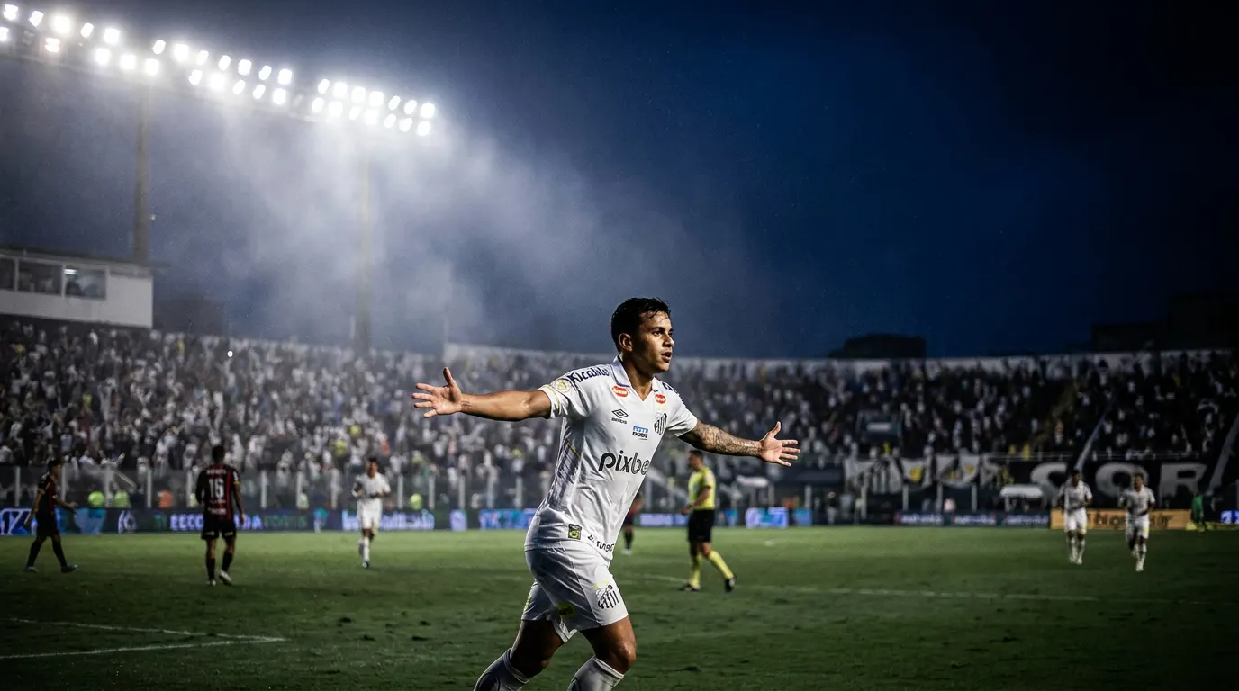Gabigol comemorando gol pela Copa Sul-Americana 2026 na Vila Belmiro com a camisa do Santos FC