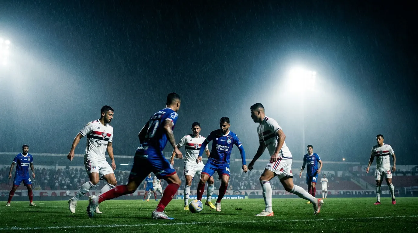 Estádio iluminado à noite com duelo simbólico entre São Paulo e Bahia no Brasileirão