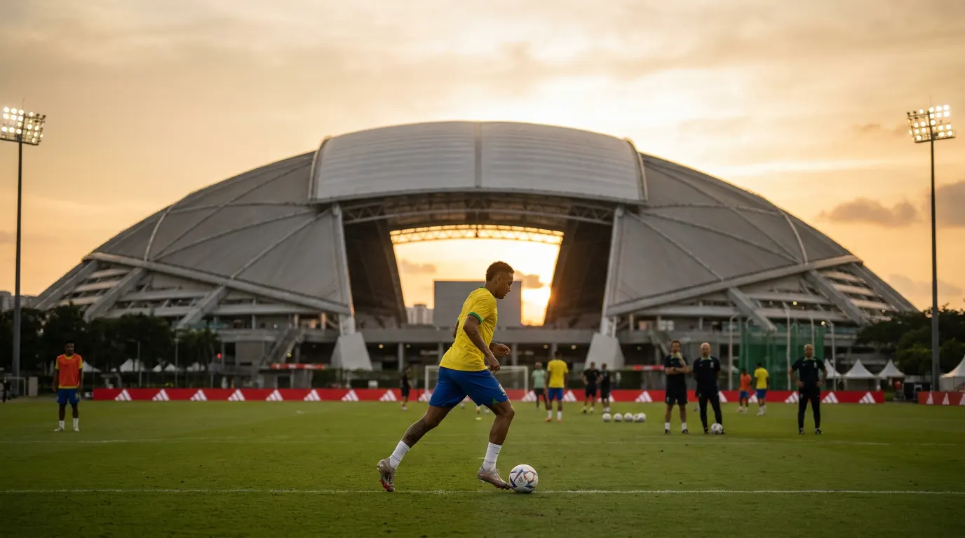 Seleção Brasileira com uniforme amarelo no Estádio Nacional de Singapura durante amistoso internacional de novembro de 2026