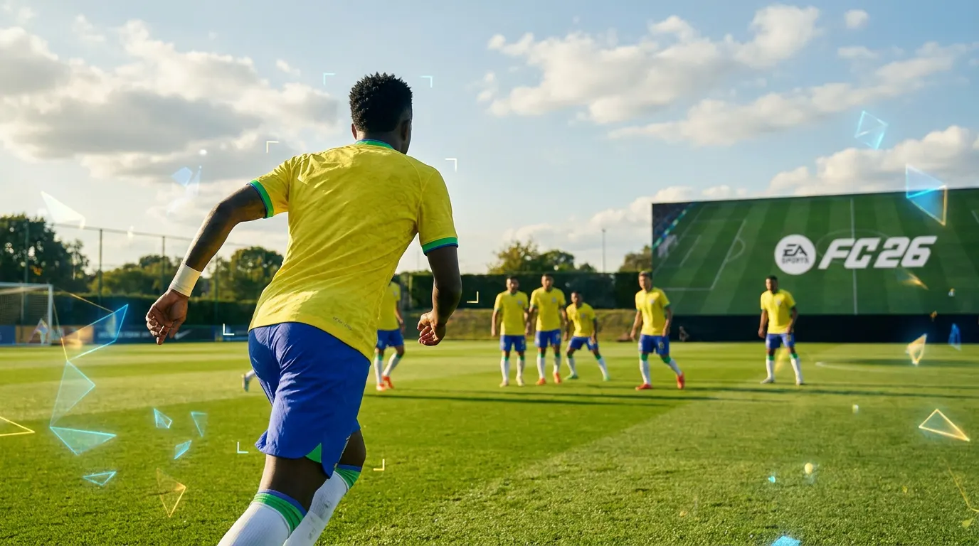 Seleção Brasileira com cores amarelo e verde em cenário digital do EA Sports FC 26