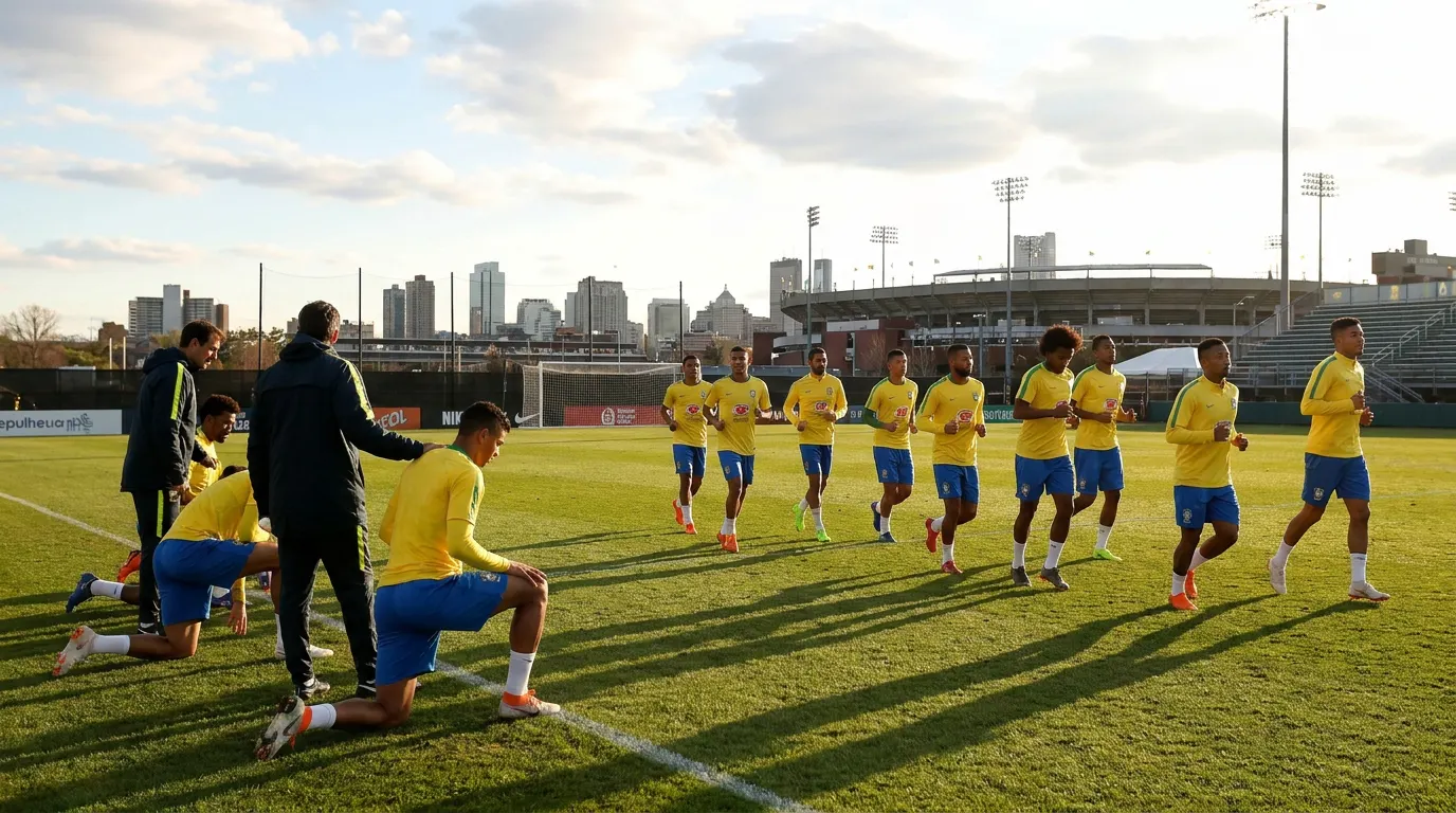 Jogadores da Seleção Brasileira encerrando treino no CT Columbia Park em Nova Jersey durante a Copa do Mundo 2026