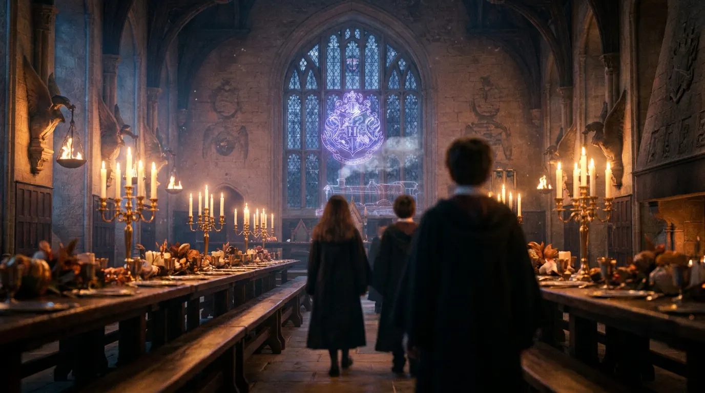 Dominic McLaughlin como Harry Potter em uniforme de Grifinória em frente ao Castelo de Hogwarts ao entardecer na série da HBO