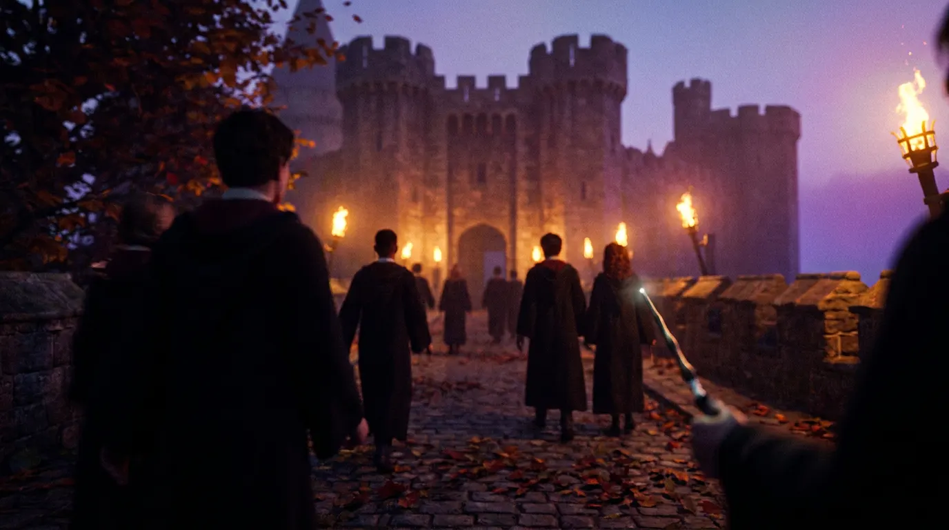 Dominic McLaughlin como Harry Potter em uniforme de Hogwarts na entrada do castelo — série da HBO Max estreia no Natal de 2026