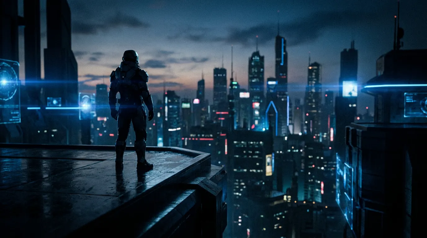 Soldado com armadura N7 de Mass Effect em estação espacial futurista contemplando nebulosa galáctica — série live-action Prime Video