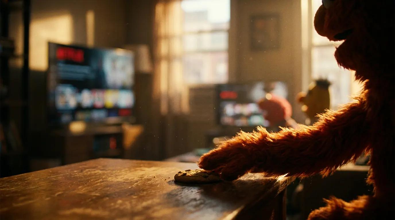Elmo, Cookie Monster, Abby Cadabby e Big Bird no cenário colorido da Rua Sésamo, novo filme Netflix em desenvolvimento
