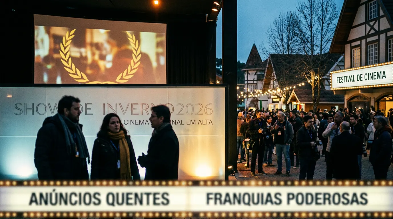 Cinema clássico em Campos do Jordão durante o Show de Inverno 2026, com pinheiros ao fundo e tapete vermelho na entrada