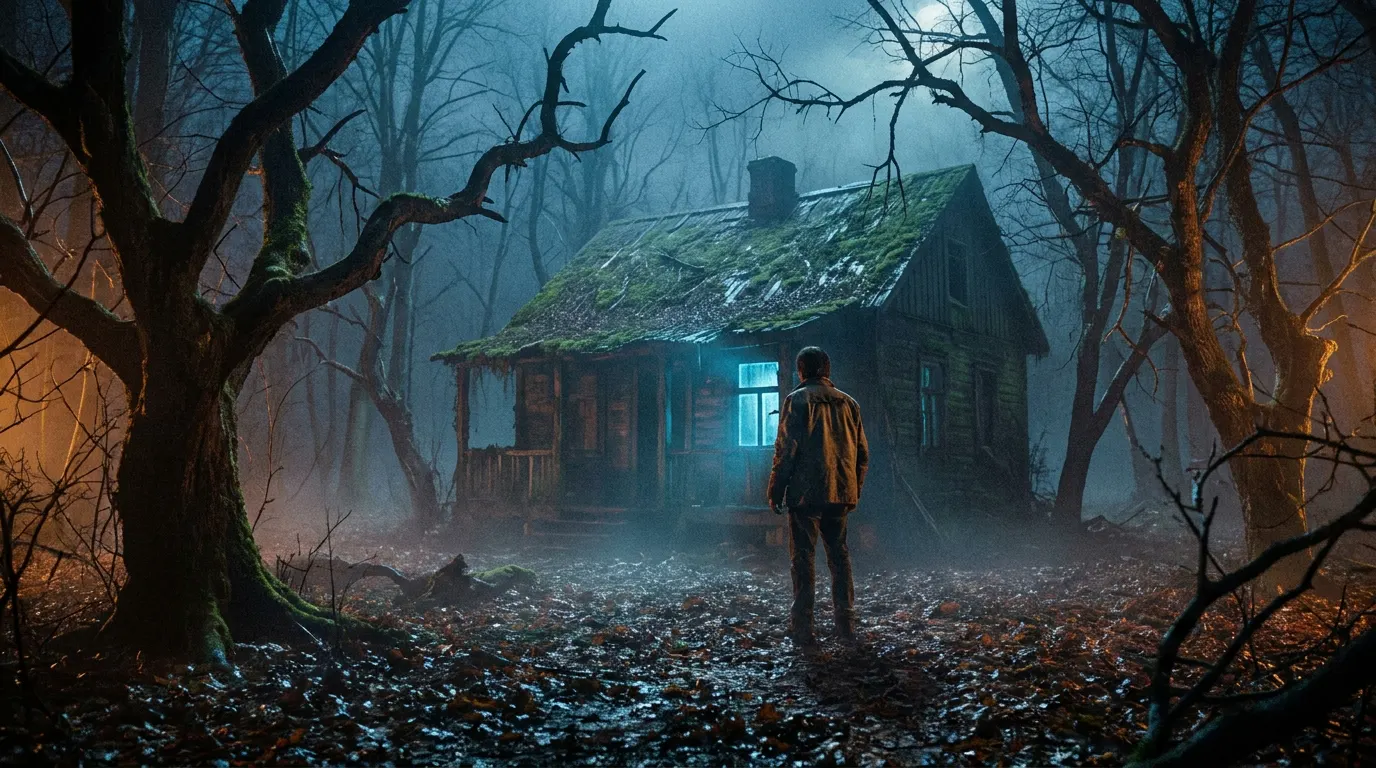 Cabana isolada na floresta noturna evocando o clima de terror cômico dos filmes de Sam Raimi