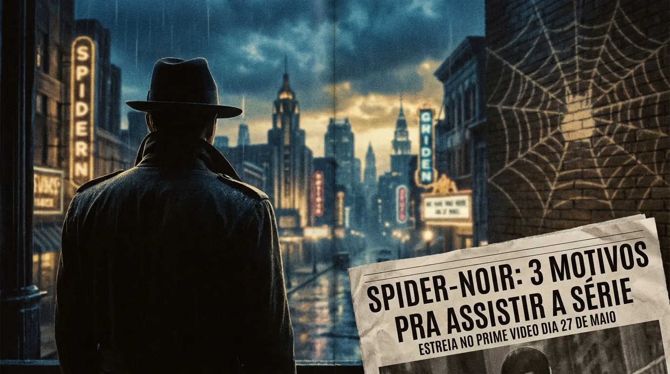 Nicolas Cage como Ben Reilly no traje do Spider-Man Noir em cenário da Nova York dos anos 1930 — série Spider-Noir do Prime Video