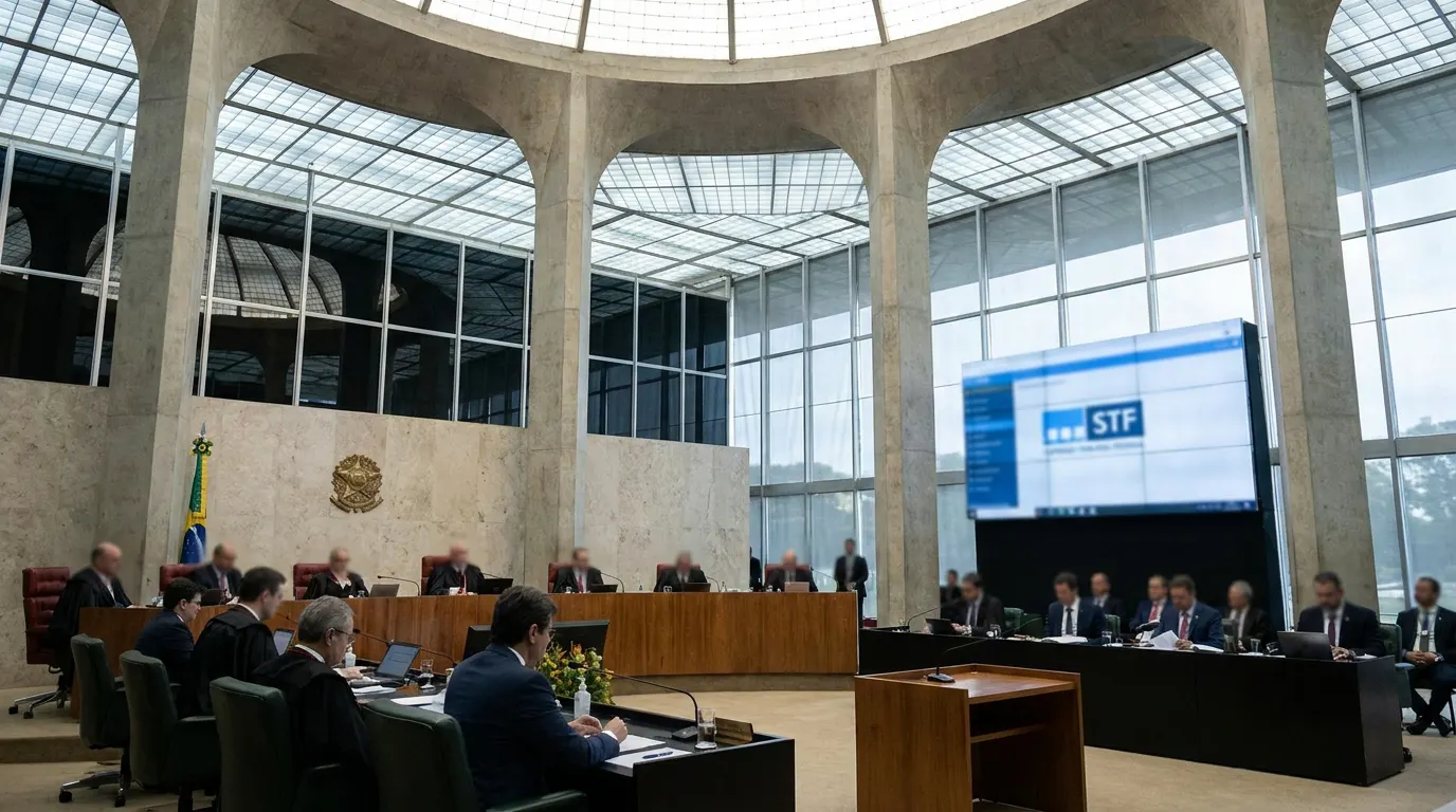 Fachada do Supremo Tribunal Federal em Brasília ao entardecer, símbolo do julgamento sobre regulação das redes sociais