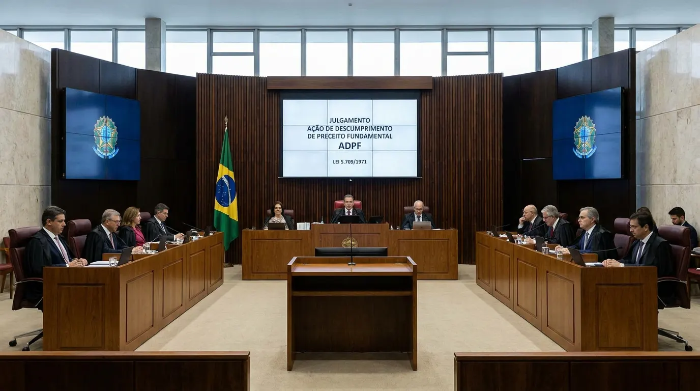 Sede do Supremo Tribunal Federal em Brasília com paisagem rural ao fundo, simbolizando julgamento sobre compra de terras por capital estrangeiro