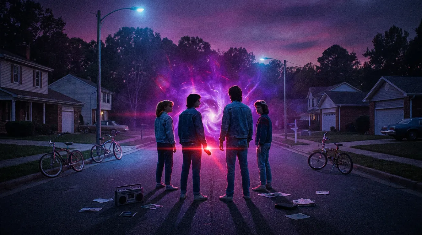 Eleven e o Hawkins Investigators Club na entrada das minas de prata em Stranger Things: Histórias de 85 T2