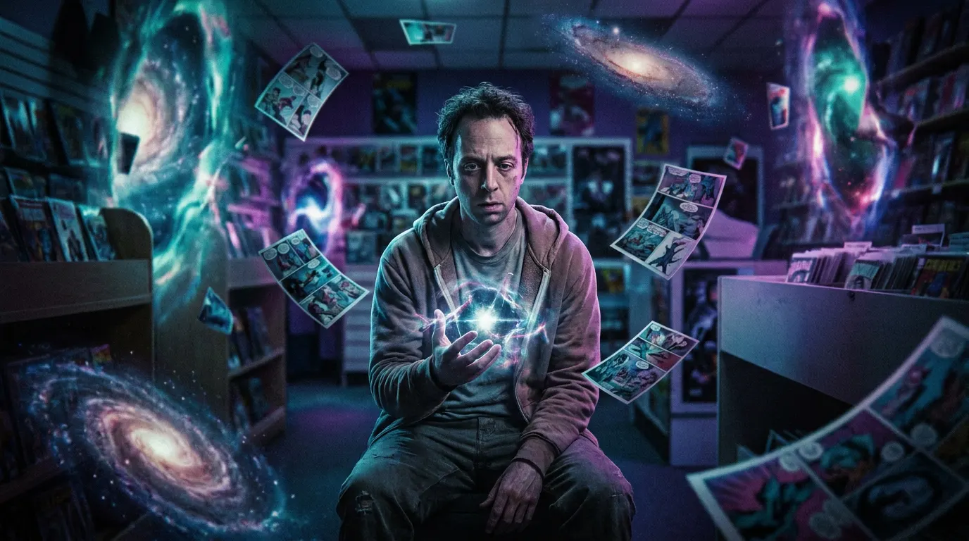 Kevin Sussman como Stuart Bloom em frente a portal multiversal no spin-off Stuart Fails to Save the Universe da HBO Max
