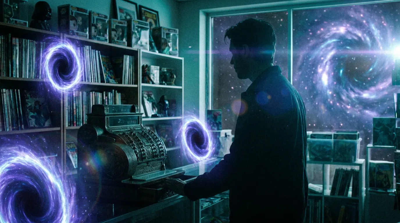 Kevin Sussman como Stuart Bloom rodeado por portais do multiverso no spinoff Stuart Fails to Save the Universe do Max