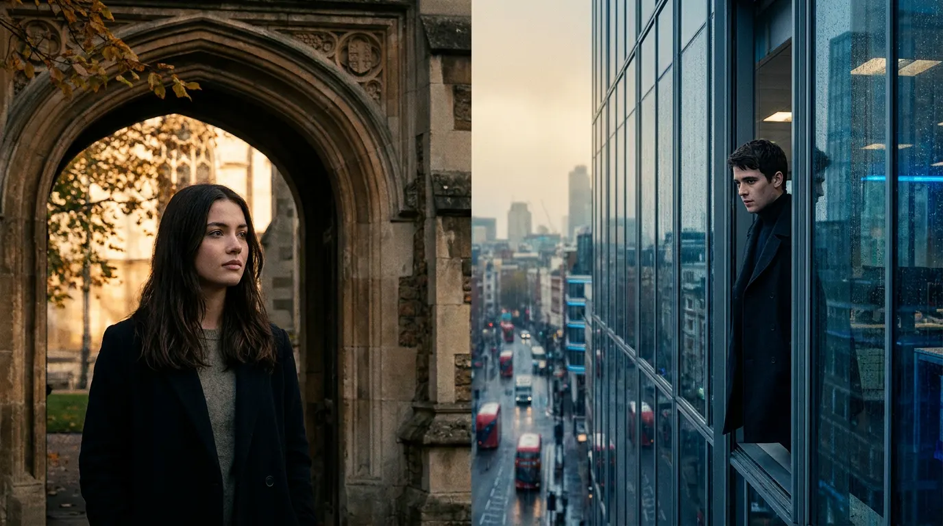 Asha Banks como Noah e Matthew Broome como Nick em cena de Sua Culpa: Londres no Prime Video, separados num pátio ao estilo Oxford