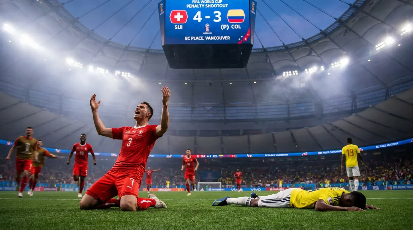 Gregor Kobel, goleiro da Suíça, fazendo defesa decisiva nos pênaltis contra a Colômbia nas oitavas da Copa do Mundo 2026