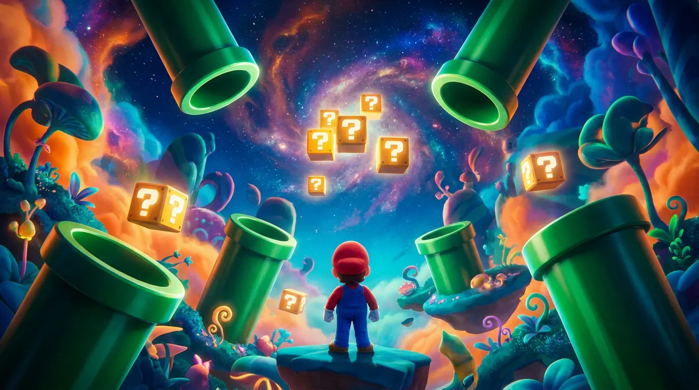 Cena espacial estilizada de Super Mario Galaxy com planetas coloridos e silhueta do herói saltando entre plataformas no cosmos