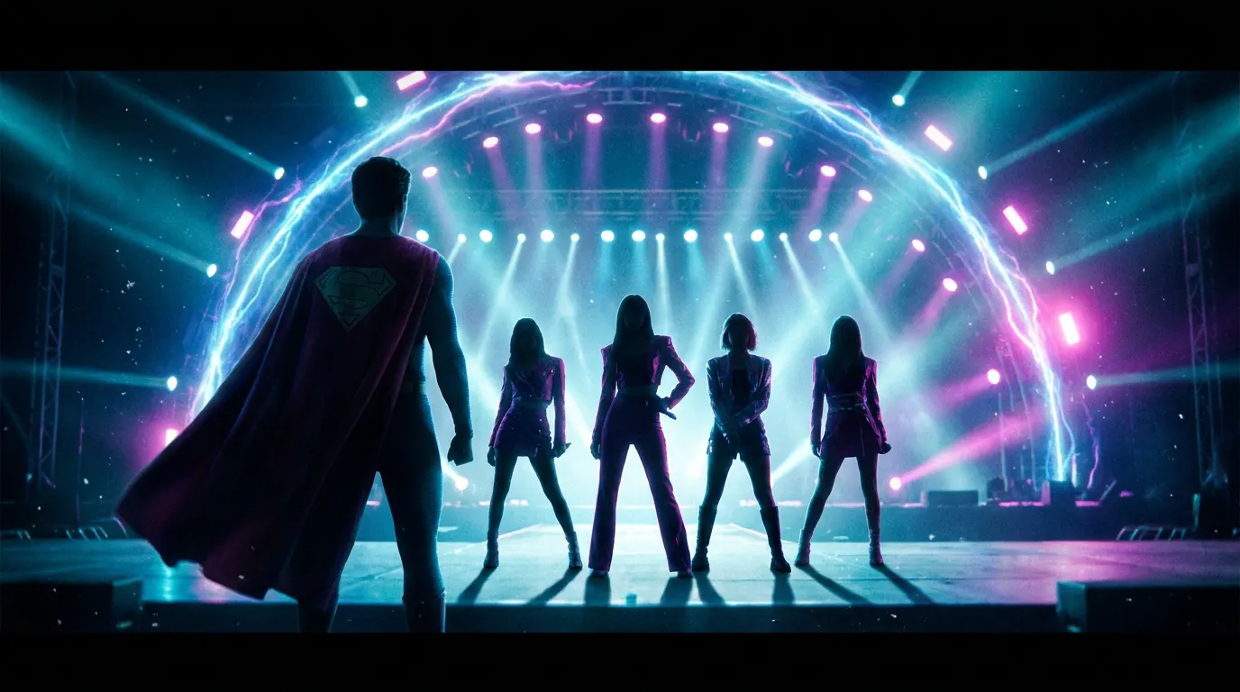 Milly Alcock como Supergirl em traje vermelho e azul do DCU com fundo cósmico e elementos visuais inspirados no K-pop — parceria Supergirl x Le Sserafim 2026