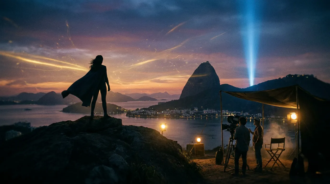Milly Alcock como Supergirl com o Cristo Redentor ao fundo, representando a visita da atriz ao Rio de Janeiro em junho de 2026