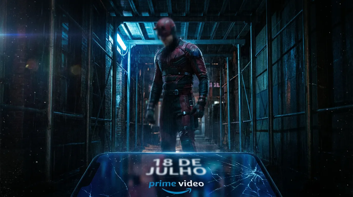 Skyline distópico noturno com silhuetas de super-heróis sombrios, estética da última temporada de The Boys no Prime Video