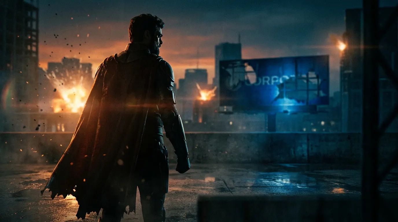 Silhueta de super-herói sombrio no topo de arranha-céu em cenário distópico — estética da última temporada de The Boys