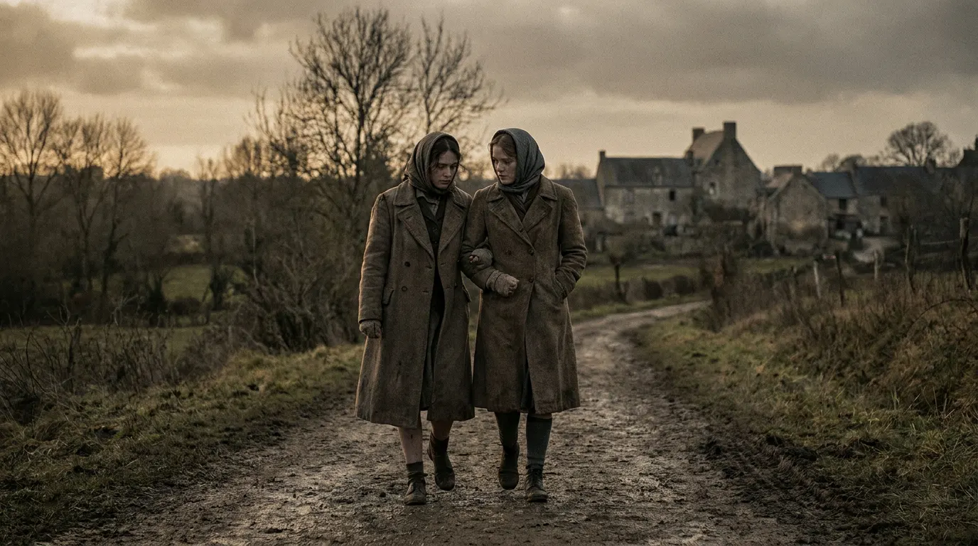Dakota Fanning e Elle Fanning em costumes da Segunda Guerra Mundial para o filme The Nightingale da TriStar Pictures