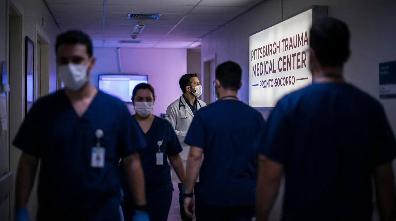 Elenco principal de The Pitt em uniformes hospitalares no corredor do Pittsburgh Trauma Medical Center, drama médico da HBO Max