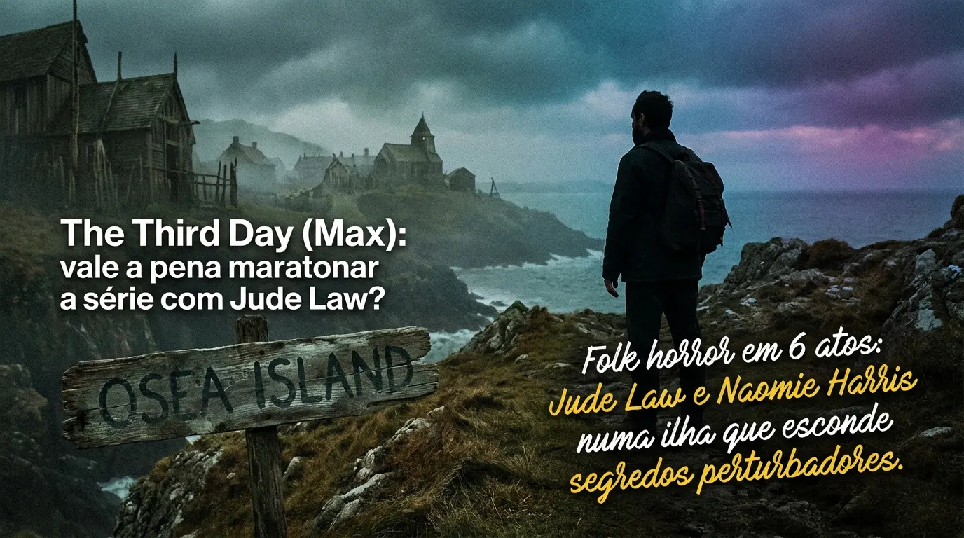 Jude Law como Sam atravessando a passagem para a ilha em The Third Day, série de suspense e horror folk do Max