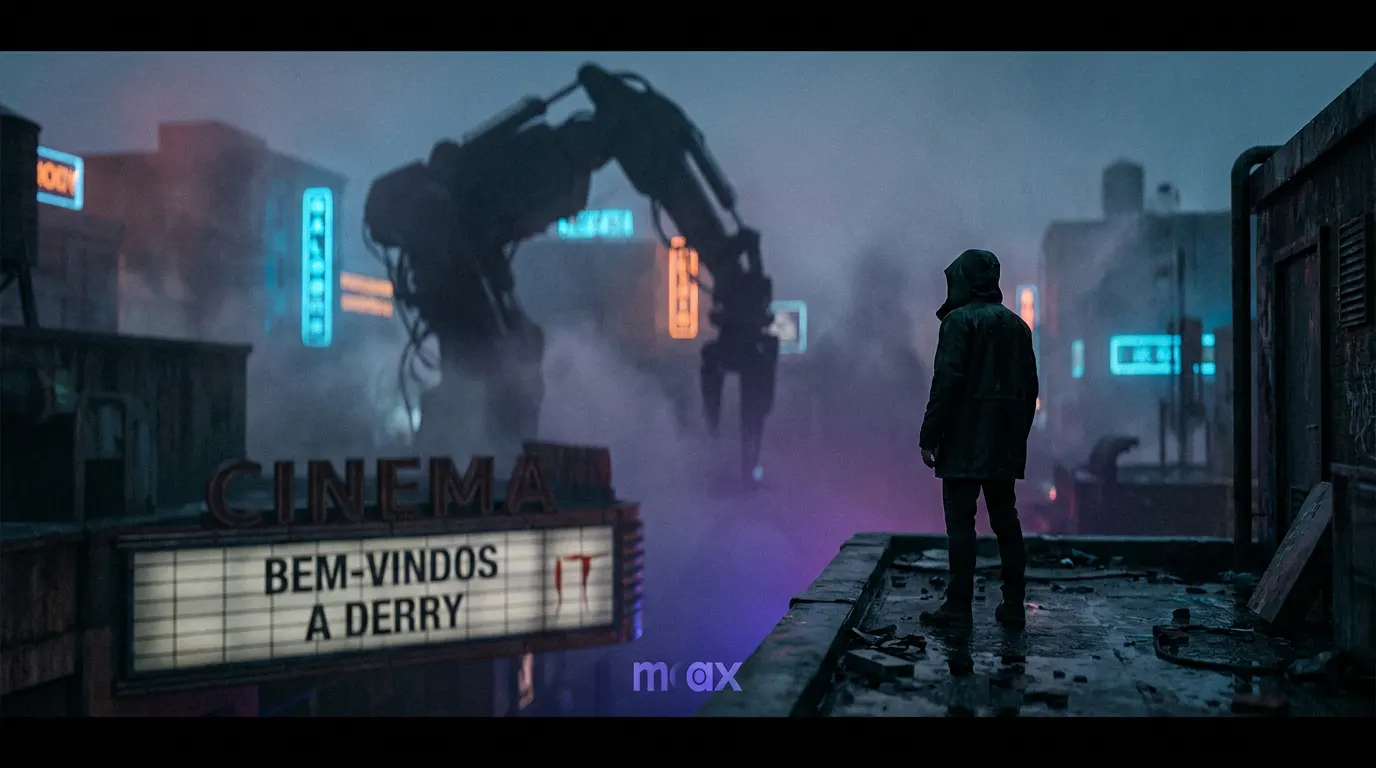 Composição cinematográfica mostrando Optimus Prime e Pennywise lado a lado, unindo os universos de Transformers e It: Bem-Vindos a Derry