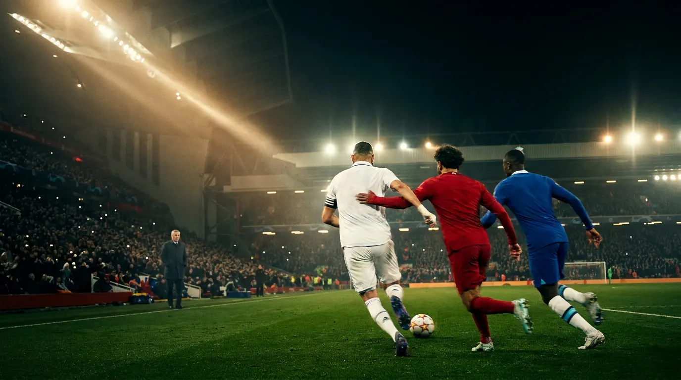 Trio de volantes da Seleção Brasileira celebrando gol com camisas amarelas e verdes sob holofotes do estádio