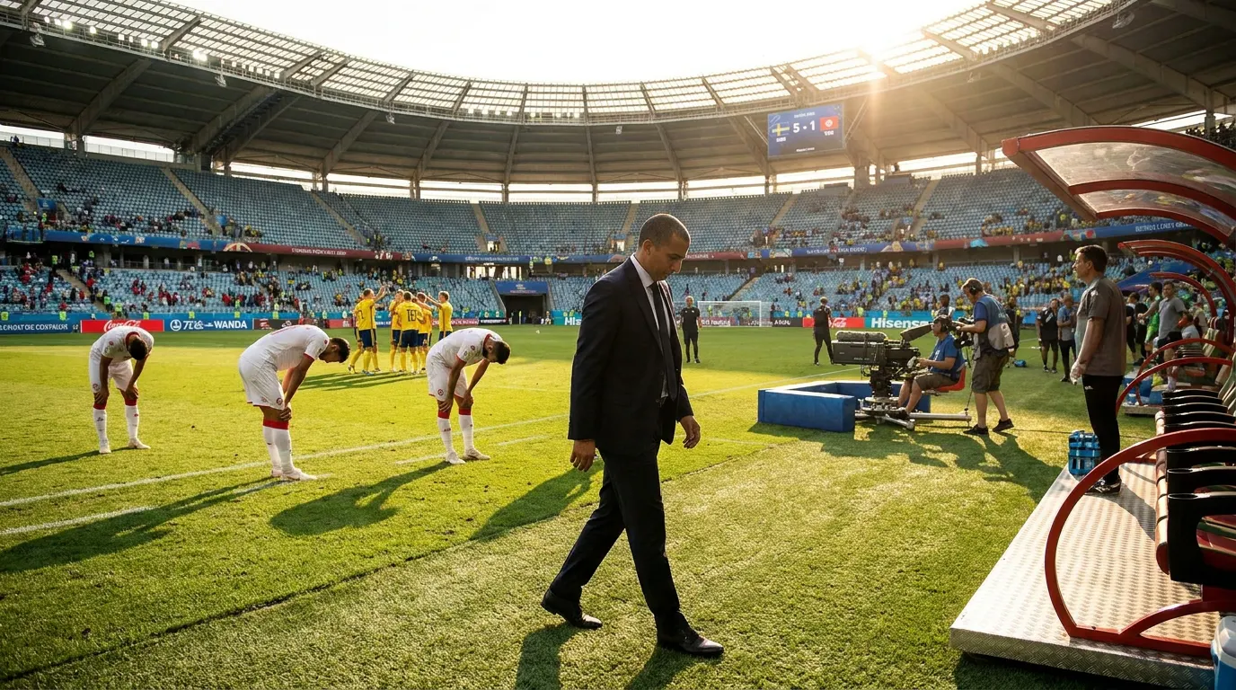 Técnico Sabri Lamouchi na beira do campo pela Tunísia na estreia da Copa do Mundo 2026 em Monterrey