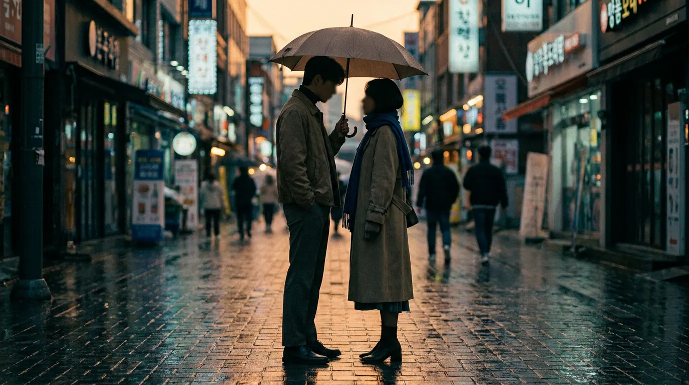 Seo Kang-joon e Ahn Eun-jin em cena do dorama Um Amor Diferente do Seu no Prime Video, casal separado em rua chuvosa de Seul ao entardecer