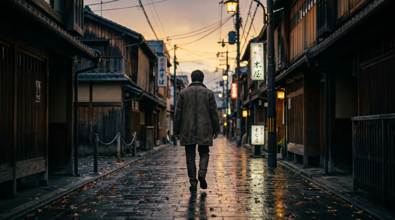 Salaryman japonês na plataforma de uma estação rural da era Showa ao entardecer — novo live-action de Um Bairro Distante, de Jiro Taniguchi
