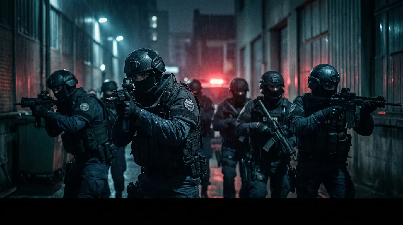 Tomer Sisley como o comandante David Caron em equipamento tático do GIGN na série francesa da Netflix