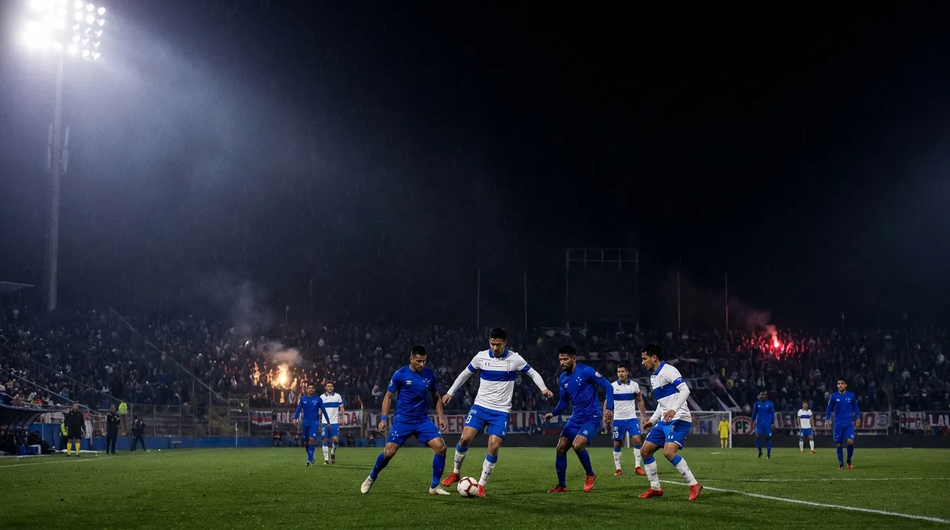 Estádio sul-americano iluminado à noite com troféu da Libertadores entre os escudos estilizados de Católica e Cruzeiro