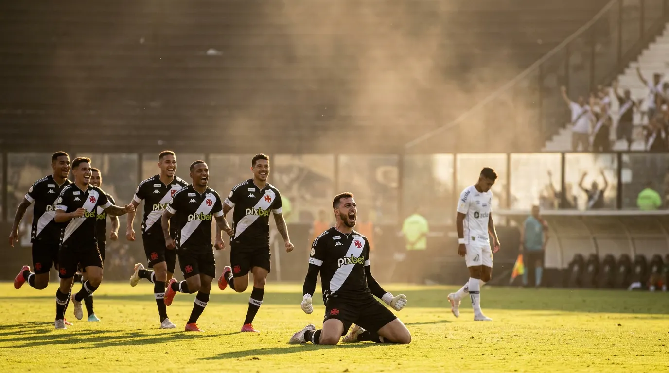 Goleiro do Vasco celebra defesa decisiva nos pênaltis contra o Santos na semifinal do Brasileirão Sub-20 2026 em São Januário