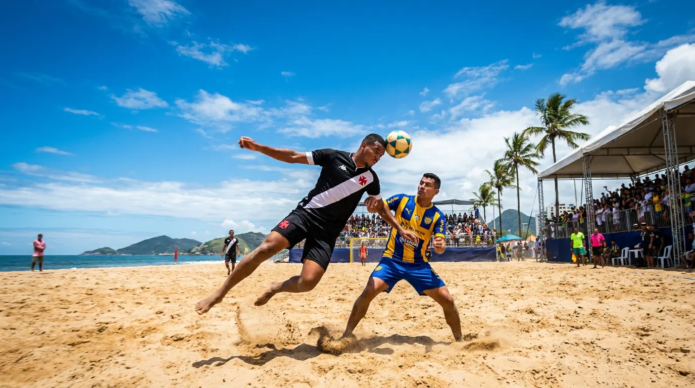 Jogador do Vasco Beach Soccer comemora gol na Arena Itapuã durante a semifinal da Libertadores de Futebol de Areia 2026 em Vila Velha