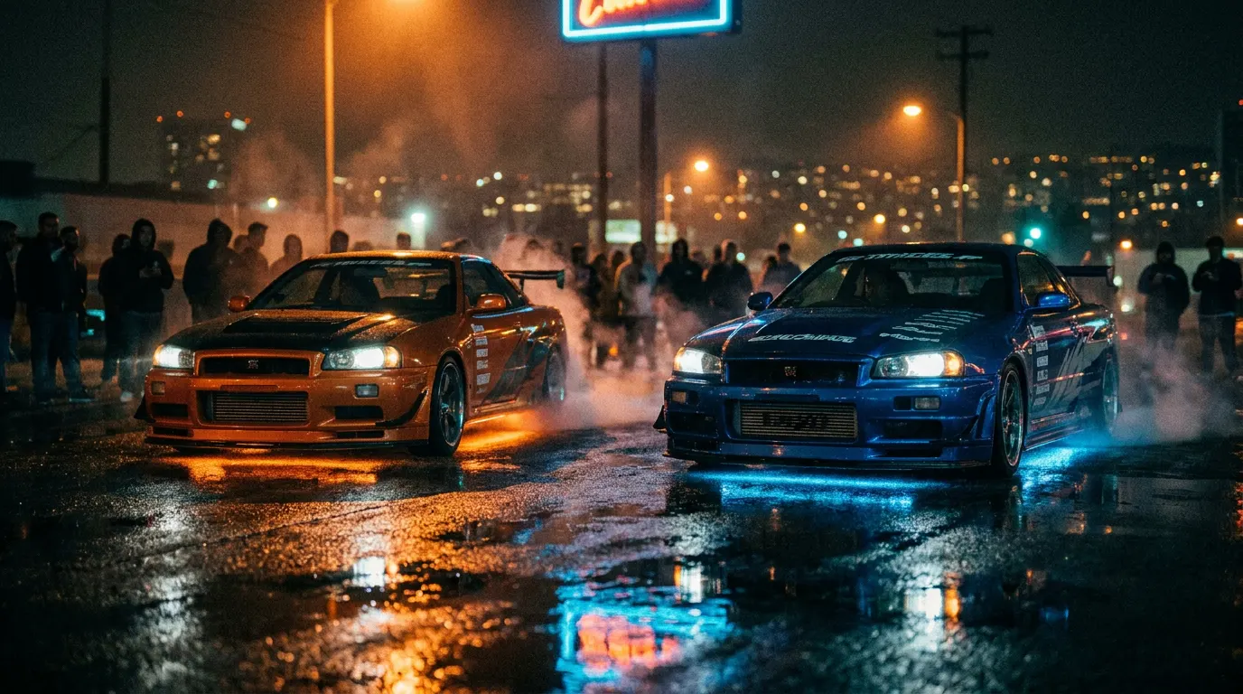 Vin Diesel como Dominic Toretto ao lado do Dodge Charger preto em cena estilo Velozes e Furiosos 2001