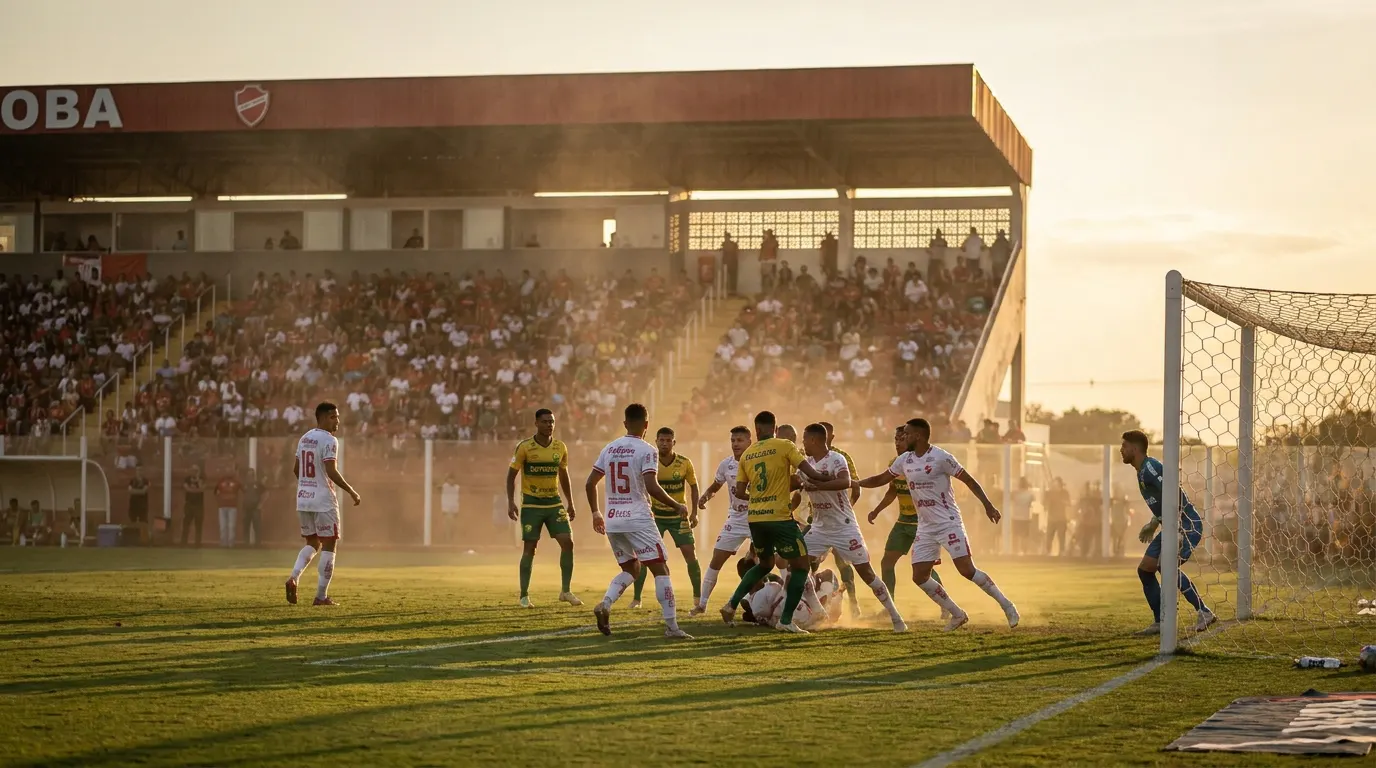 Estádio OBA lotado durante Vila Nova x Cuiabá pela Série B 2026, com torcida e jogadores em campo sob holofotes