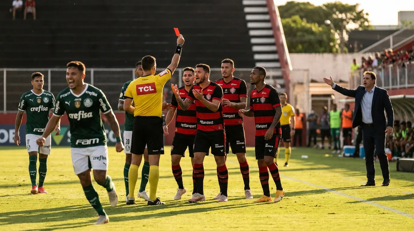 Jogadores do Vitória protestam com árbitro após cartão vermelho no Barradão pelo Brasileirão 2026