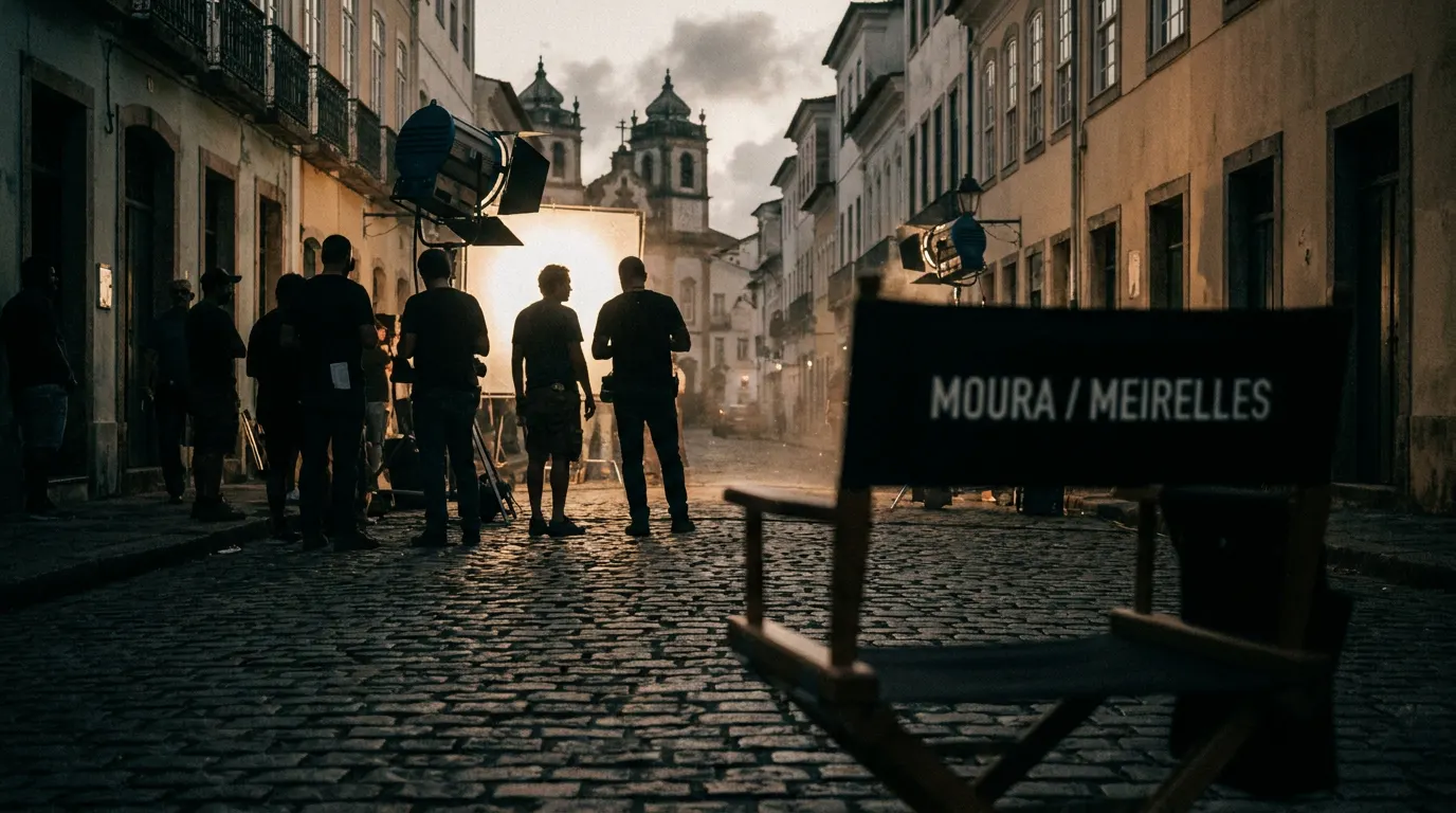 Bastidores de filmagem com diretor e ator em set cinematográfico — novo filme internacional de Fernando Meirelles com Wagner Moura