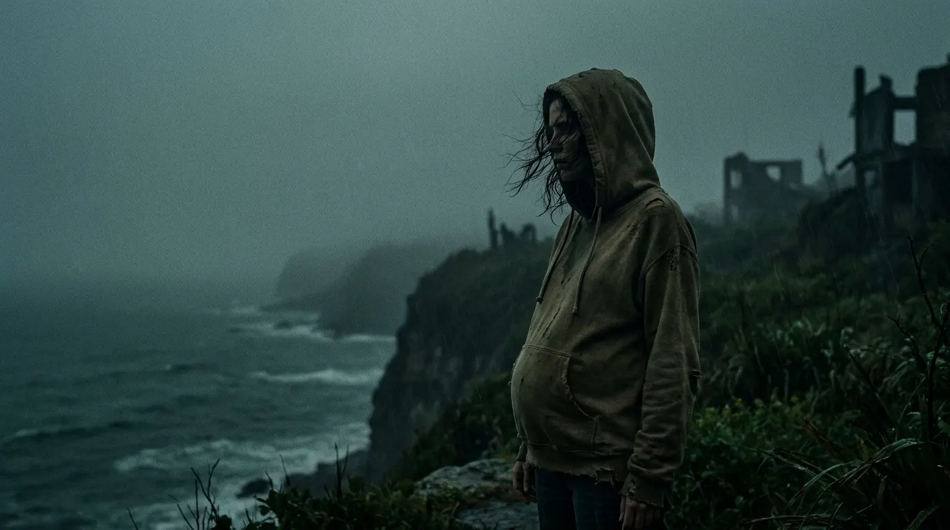 Erin Kellyman como Anna em penhasco irlandês com névoa e figuras com máscara de gás ao fundo — thriller apocalíptico Woken