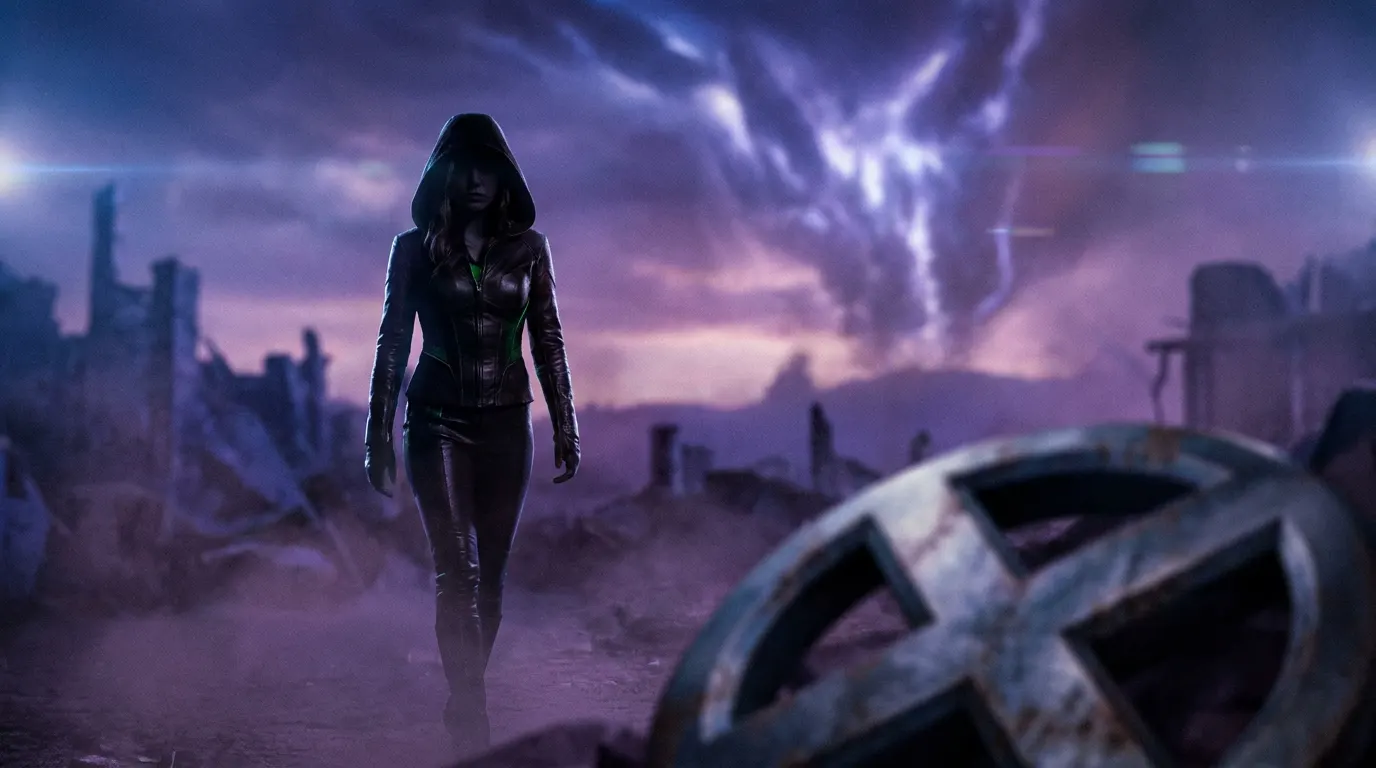 Inde Navarrette como Vampira nos X-Men do MCU, com mechas brancas e uniforme verde e amarelo, em cena cinematográfica