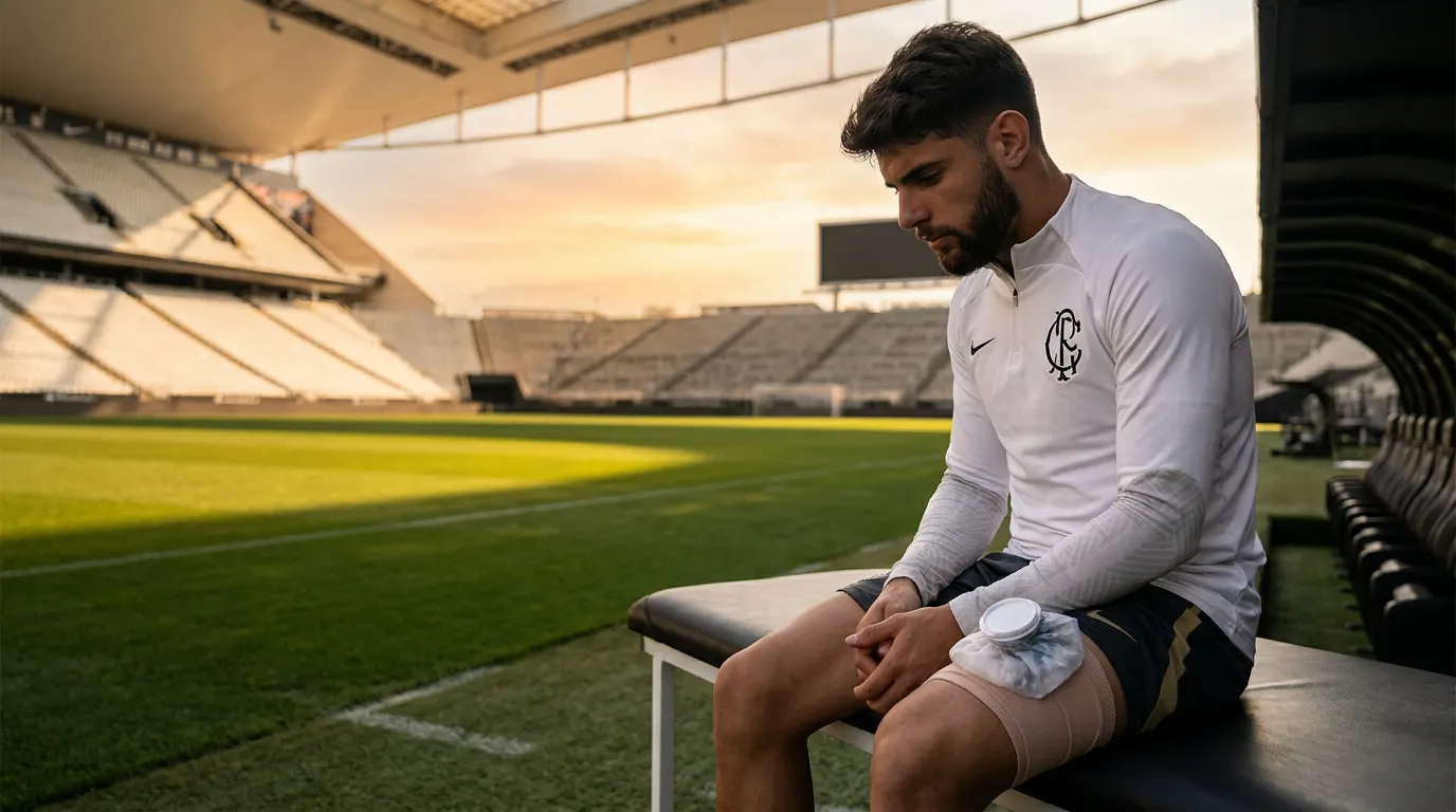 Yuri Alberto no banco de reservas da Neo Química Arena com lesão na coxa — artilheiro do Corinthians em dúvida na Libertadores 2026