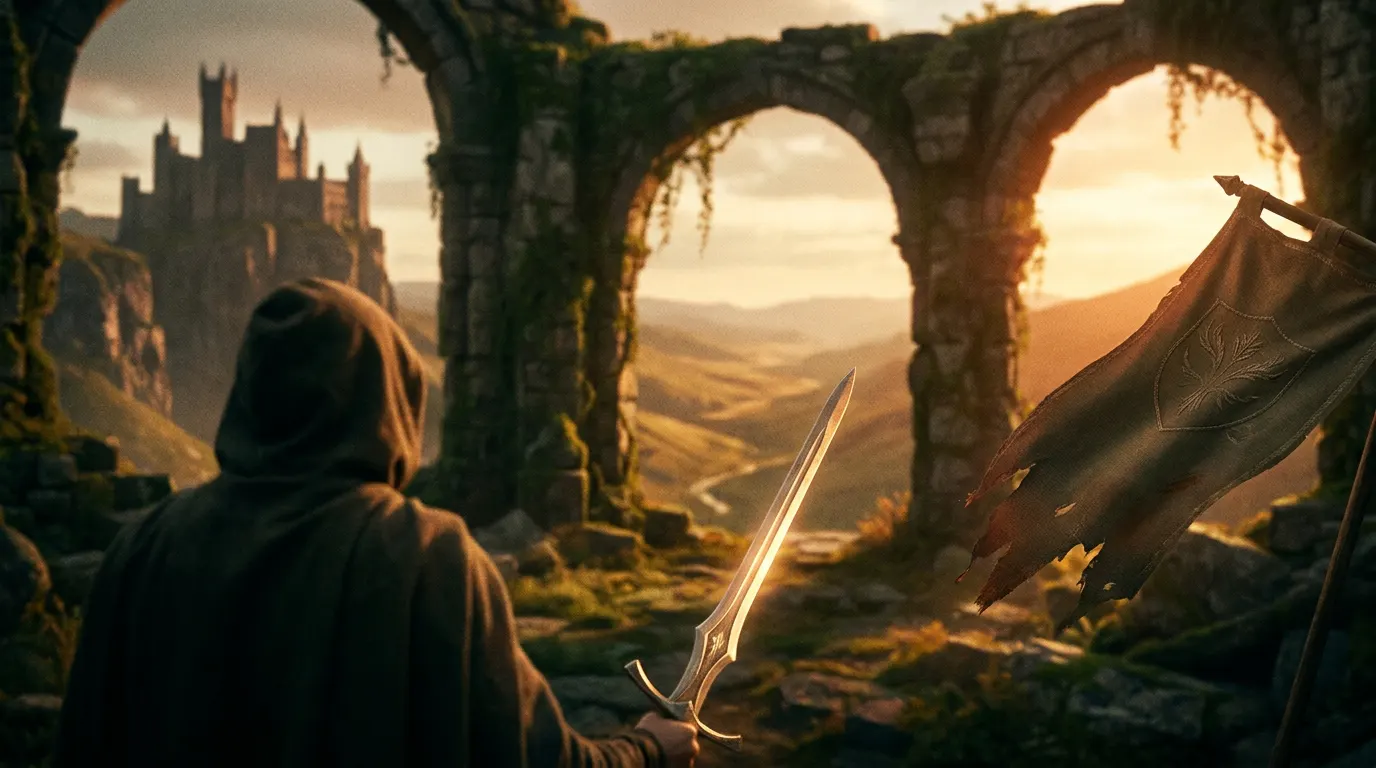Benjamin Evan Ainsworth como Link e Bo Bragason como Zelda no filme live-action The Legend of Zelda, com o reino de Hyrule ao fundo — lançamento previsto para 30 de abril de 2027